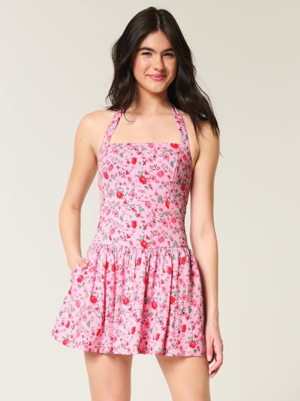 Hollister Pink Floral Drop Waist Halter Mini Dress Skort - Picture 2 of 7